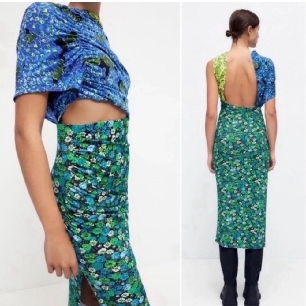 Zara Asymmetrical Dress in Blue and Green Floral - Picture 3 of 4